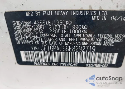 2014 Subaru Impreza 2.0I Premium from USA, damaged, VIN JF1GPAC66E8292719